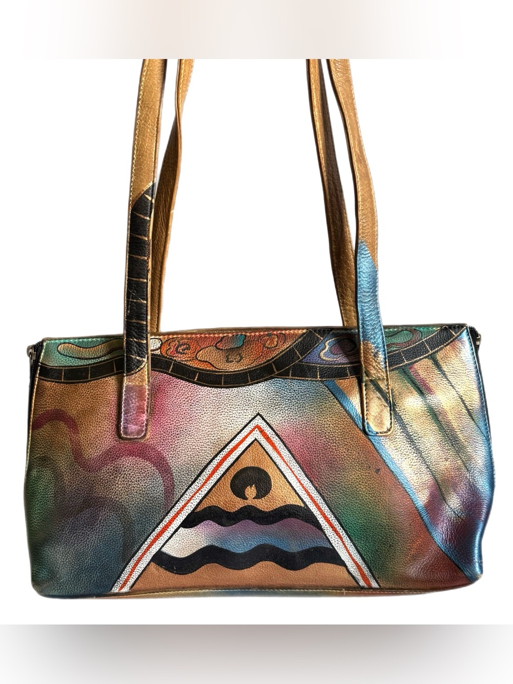 Anuschka Abstract Pyramid Hand Painted Leather Expandable Shoulder Bag Purse